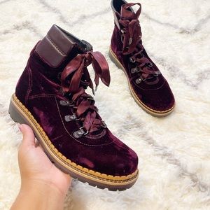 Sam Edelman Browan Combat Boots Burgundy Crushed Velvet size 7.5